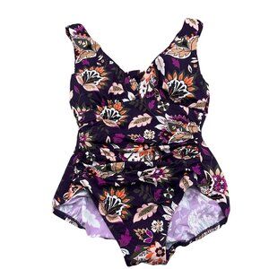 Lands End Swim Suit 4P Purple Floral 1pc Ruched Padded Bra Nylon Spandex‎ NWT